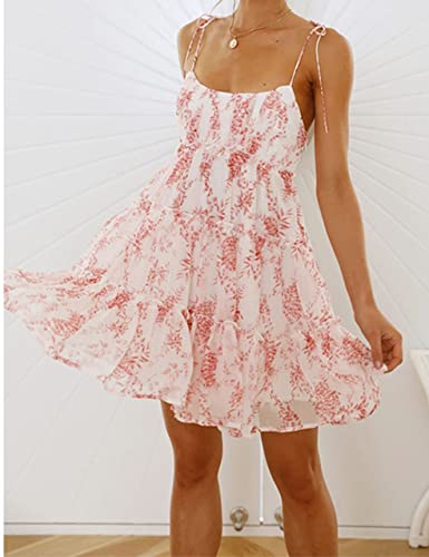 Womens 2025 Summer Floral Mini Dress Boho Flowy Skater Dresses Short Sleeveless Ruffle Spaghetti Strap Dress