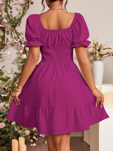 Women's Boho 2025 Summer Mini Dress, Square Neck Front Tie Puff Sleeve Casual Mini Dress