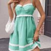 Womens Summer Mini Dress Spaghetti Strap Sweetheart Y2K Plaid Lace Trim Tiered Beach Sundress Dresses