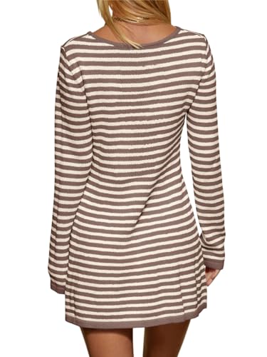 Womens Striped Pullover Sweater Crew Neck Fall Long Sleeve Trendy Casual Ribbed Knit Tunic Mini Dress