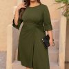 Women's Plus Size Dresses Casual 3/4 Ruffle Sleeve Crew Neck Twist Knot Wrap Slit Hem Dress with 1 Pocket