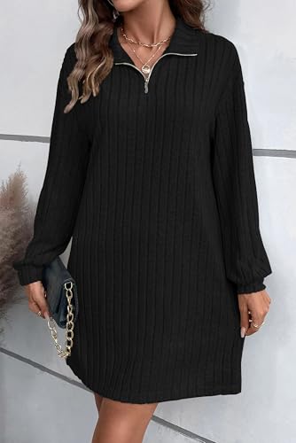 Women's Casual Long Sleeve Fall Dresses V Neck Ribbed Knit Lightweight Sweater Dress with Zippers
