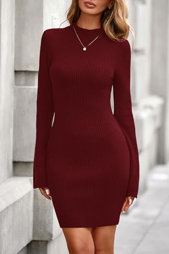 Fall Dresses for Women 2025 Ribbed Knit Bodycon Dress Mock Neck Bell Long Sleeve Pullover Sweater Winter Mini Dresses