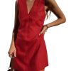 Women's Summer Sleeveless Mini Dress Cotton Linen V Neck Cinched A Line Slim Tank Short Dress