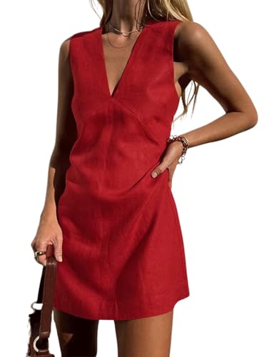 Women's Summer Sleeveless Mini Dress Cotton Linen V Neck Cinched A Line Slim Tank Short Dress