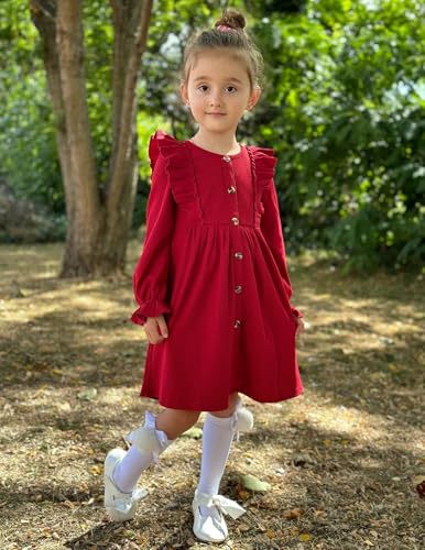 Toddler Fall Winter Sweater Dress Ruffle Long Sleeve Ribbed Knit Button Down Casual Dresses with Pockets