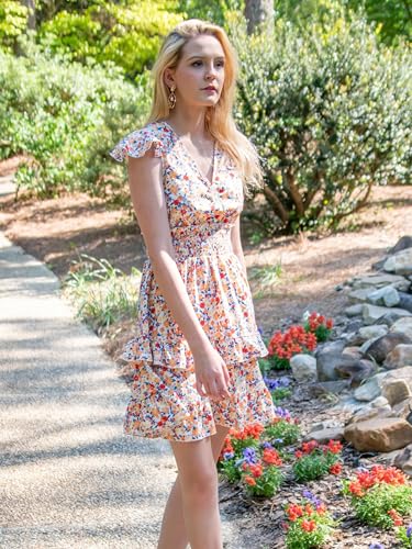 Womens Summer Dresses Boho V Neck Floral Print Ruffle Sleeve Layered Mini Dress Cute Smocked Waist Short Dress