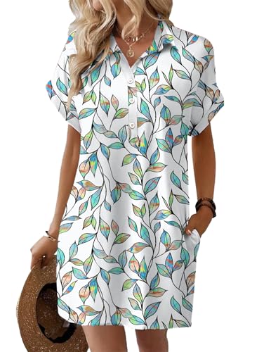 Womens Summer Shirt Dress Short Sleeve Floral Shift Dress Casual Loose Flowy Beach Sundress with Pockets