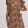 Striped V-Neck Mini Dress for Women Puff Sleeve Casual Dress with Pockets, Comfortable & Stylish for Summer