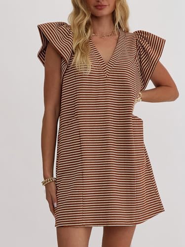 Striped V-Neck Mini Dress for Women Puff Sleeve Casual Dress with Pockets, Comfortable & Stylish for Summer