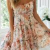 Womens Floral Mini Dress Boho Flowy Skater Spaghetti Strap Ruffle Sleeveless Beach Dress 2024 Summer Sundresses