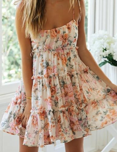 Womens Floral Mini Dress Boho Flowy Skater Spaghetti Strap Ruffle Sleeveless Beach Dress 2024 Summer Sundresses