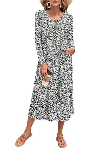 Women's Long Sleeve Maxi Dress with Pockets - Casual, Knit, Loose, Button, Crew Neck, Lightweight(XS-3XL)
