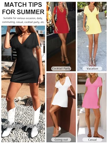 Women's Sexy Deep V-Neck Ruffle Sleeve Mini Dresses Summer Casual Bodycon Beach Cocktail Party Club Short Dress