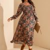 Women's Plus Size Fall Dress Long Sleeve Square Neck Floral Print Smocked A Line Boho Flowy Maxi Dresses with Pockets