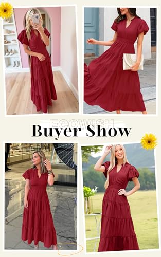 Summer Maxi Dress for Women Casual Flowy V Neck Short Sleeve A Line Empire Waist Tiered Long Dresses with Pockets