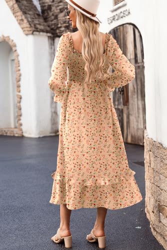 Boho Dresses for Women 2025 Casual Floral Square Neck Long Sleeve Smocked Elastic Waist Tiered Ruffle Hem Maxi Dress