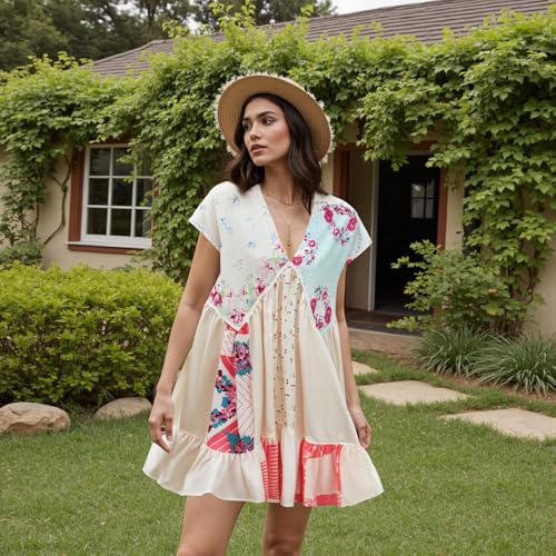 Women??s Boho Mini Dress Y2k Floral Print Deep V-Neck Puff Sleeve Short Dress 2025 Summer Loose Beach Sundress