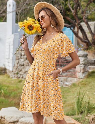 Womens Summer Dress Casual Swing Floral Ruffle Short Sleeve Sundresses Beach Mini A-line Shift Dress 2025 with Pockets