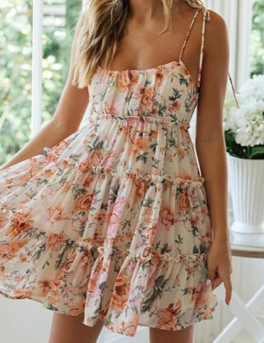Womens Floral Mini Dress Boho Flowy Skater Spaghetti Strap Ruffle Sleeveless Beach Dress 2024 Summer Sundresses