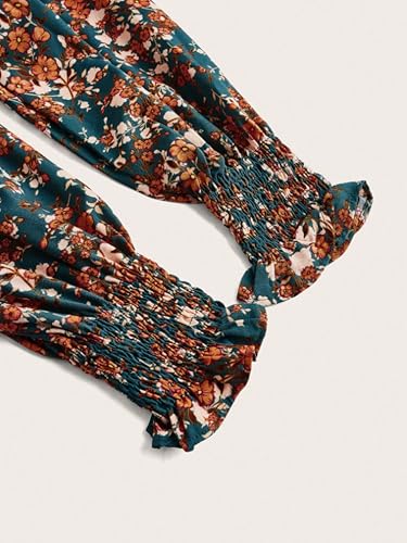 Women's Plus Size Fall Dress Long Sleeve Square Neck Floral Print Smocked A Line Boho Flowy Maxi Dresses with Pockets