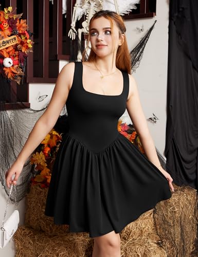 Women's Summer Sleeveless Square Neck A-line Ruffle Hem Mini Tank Dress with Pockets