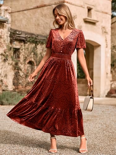 Womens Fall Velvet Dress Short Sleeve V Neck Floral Maxi Dress Long Formal Winter Wedding Guest Dresses