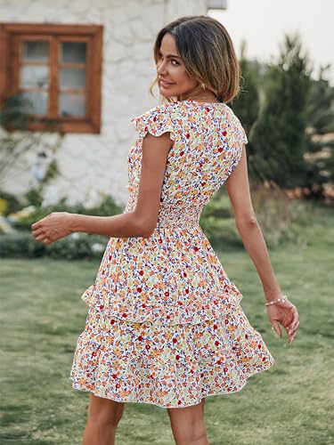 Womens Summer Dresses Boho V Neck Floral Print Ruffle Sleeve Layered Mini Dress Cute Smocked Waist Short Dress