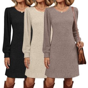 3 Pack Women's Long Sleeve Sweater Dress Ribbed Knit Crew Neck Tunic Dresses 2025 Fall Casual Trendy Outfits