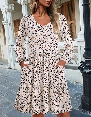 Womens Casual A Line Dress V Neck Tiered Long Sleeve Fit Swing Dress with Pockets Loose Ruffled Dresses