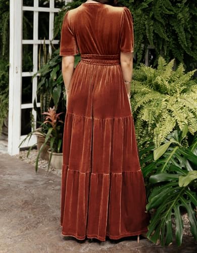 Women's Fall Winter Vintage Velvet Dress Short Sleeve V Neck Elastic Waist Tiered Ruffle A-Line Flowy Maxi Dress
