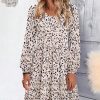 Womens Casual A Line Dress V Neck Tiered Long Sleeve Fit Swing Dress with Pockets Loose Ruffled Dresses