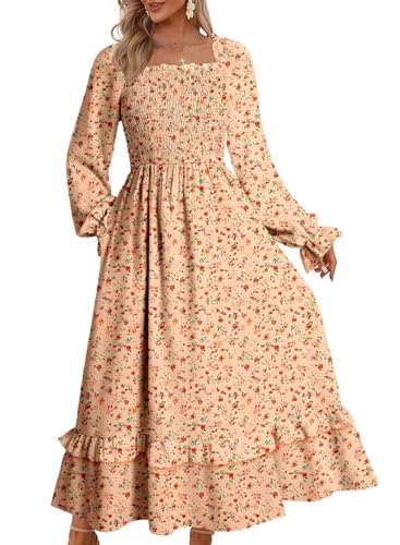Boho Dresses for Women 2025 Casual Floral Square Neck Long Sleeve Smocked Elastic Waist Tiered Ruffle Hem Maxi Dress