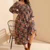 Women's Plus Size Fall Dress Long Sleeve Square Neck Floral Print Smocked A Line Boho Flowy Maxi Dresses with Pockets