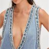 Women Sleeveless Denim Mini Dress V Neck High Waist Patchwork Summer Casual Streetwear Slim Fit