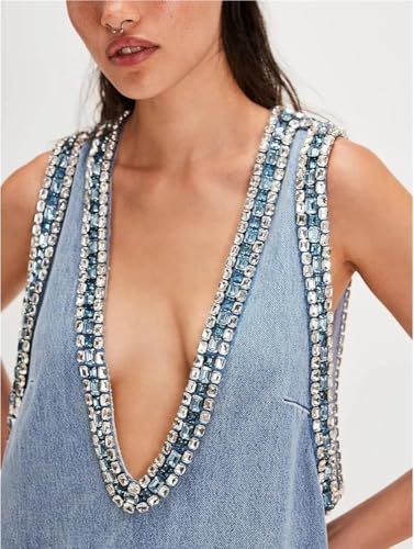 Women Sleeveless Denim Mini Dress V Neck High Waist Patchwork Summer Casual Streetwear Slim Fit