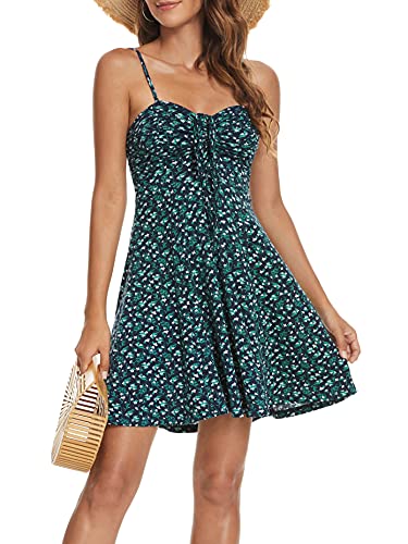 Spaghetti Strap Floral Mini Dress Women's Casual Ruched Front Drawstring Swing Sundress