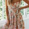 Womens Floral Mini Dress Boho Flowy Skater Spaghetti Strap Ruffle Sleeveless Beach Dress 2024 Summer Sundresses