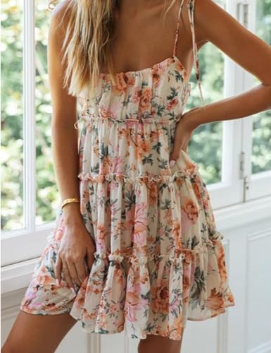 Womens Floral Mini Dress Boho Flowy Skater Spaghetti Strap Ruffle Sleeveless Beach Dress 2024 Summer Sundresses