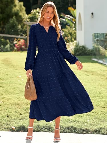 Womens Long Sleeve Fall Long Dress Swiss Dot Maxi Wedding Guset Dress Boho V Neck Casual Dress with Pockets