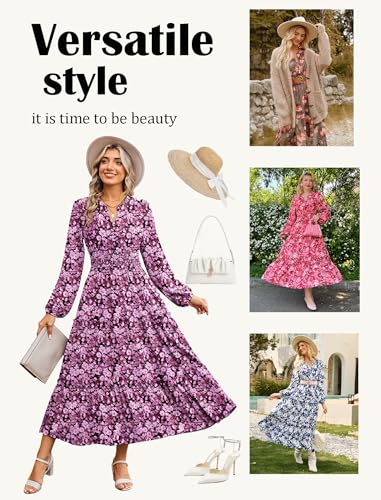 Women Floral Maxi Dress,2025 Fall Long Sleeve Casual Dresses,V Neck Boho Flowy Elegant Dress with Pockets