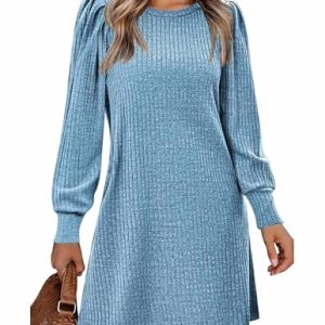 Women's Knit Dress with Puff Sleeves for Fall & Winter - Round Neck Casual Tunic Dress