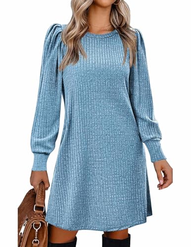 Women's Knit Dress with Puff Sleeves for Fall & Winter - Round Neck Casual Tunic Dress