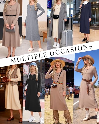 Women's Long Sleeve Maxi Dress with Pockets - Casual, Knit, Loose, Button, Crew Neck, Lightweight(XS-3XL)
