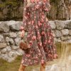 Women Floral Maxi Dress,2025 Fall Long Sleeve Casual Dresses,V Neck Boho Flowy Elegant Dress with Pockets