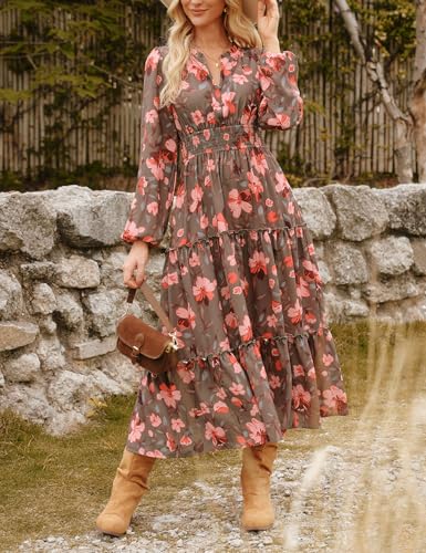 Women Floral Maxi Dress,2025 Fall Long Sleeve Casual Dresses,V Neck Boho Flowy Elegant Dress with Pockets