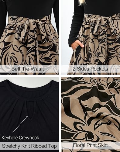Women 2025 Fall Long Sleeve Crewneck Causal Business Church Work Teacher Outfits Ribbed Midi Dress with Pockets