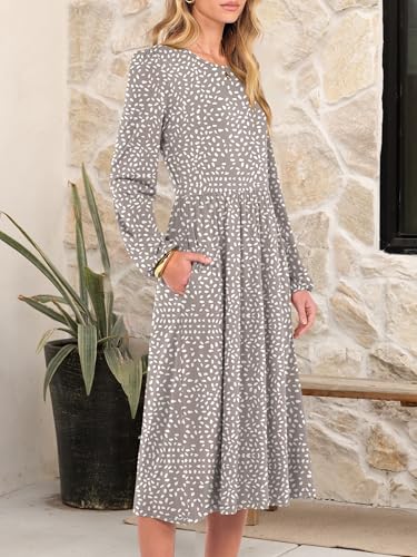 Women Long Sleeve Midi Dress Crewneck 2025 Fall Fashion Casual Flowy A-Line Long Dresses Vacation Outfit with Pocket