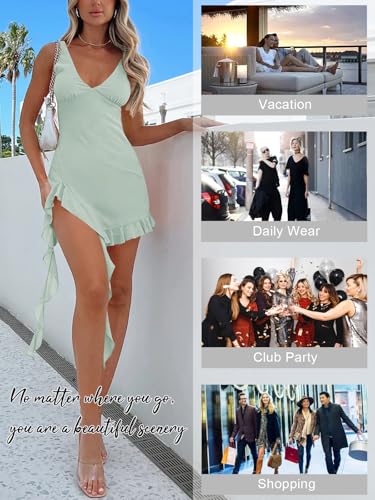 Women Sleeveless Sexy V Neck Bodycon Mini Dress Summer Side Slit Mesh Irregular Ruffle Hem Backless Short Dress