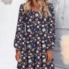 Womens Casual A Line Dress V Neck Tiered Long Sleeve Fit Swing Dress with Pockets Loose Ruffled Dresses